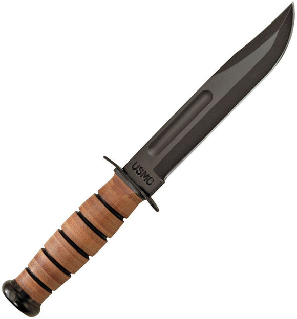 KA-Bar USMC Fighter Knife w/Brown Leather Sheath Plain Black 1095 High Carbon Steel Blade/Polished Stacked Leather Handle Carbon Steel Guard & Butt 12