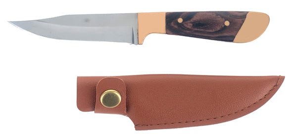 Fixed Blade Mini Hunting Knife w/Sheath Clip Point 440 Stainless-Steel Blade/Brown & Gold Plastic Handle SKU KHK1118WH