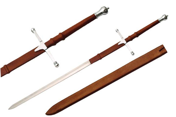 William Wallace Sword w/Leather Scabbard Stainless-Steel Blade/Leather Wrapped Handle with Silver Guard & Pommel 42