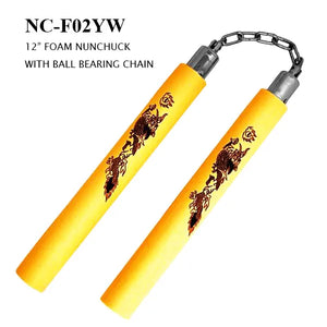 12" Foam Nunchaku Yellow with Black Dragon Design Ball Bearing Chain SKU NC-F02YW