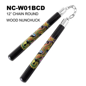 12" Nunchaku Black Wood with Multi Color Dragon Design Ball Bearing Chain SKU NC-W01BCD