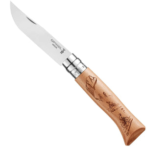 Opinel No. 8 Alpine Adventures Engraved Folding Knife Mt. Biking/Beechwood SKU 002187