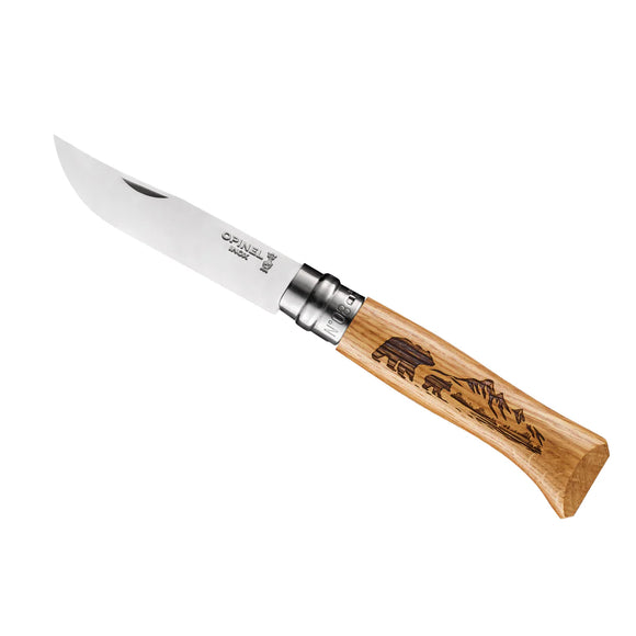 Opinel No. 8 Amimalia Engraved Folding Knife Bear/Oak SKU 002628