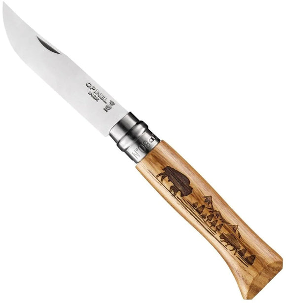 Opinel No. 8 Animalia Engraved Folding Knife Bison/Oak SKU 002629
