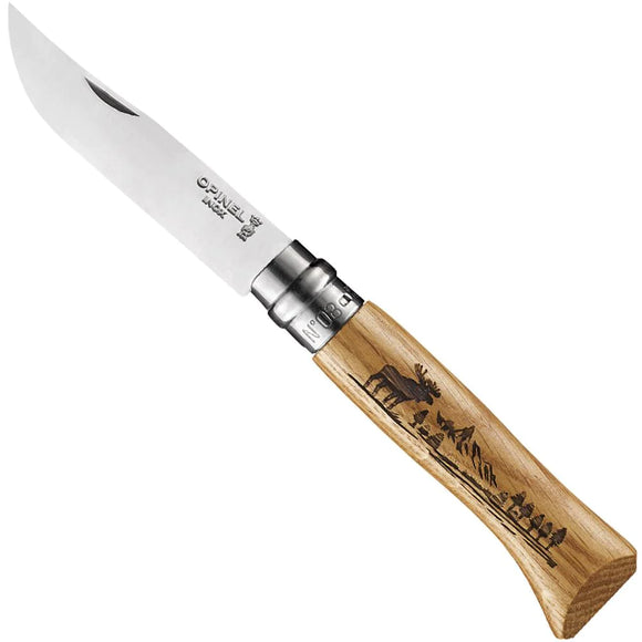 Opinel No.8 Animalia Engraved Folding Knife Moose/Oak SKU 002627