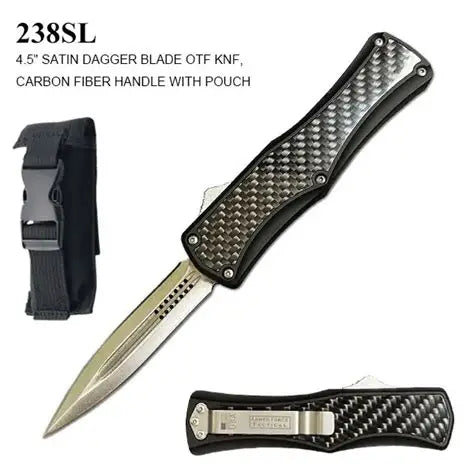 Armed Force Tactical OTF Knife w/Sheath Silver Stainless-Steel Blade/Black Carbon Fiber Handle SKU 238SL