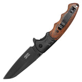 Wartech Spring Assist Folding Knife Black 3CR13 Steel Blade/Black Handle with Wood Inlay SKU PWT126BK