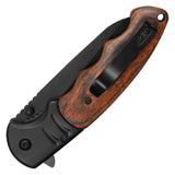 Wartech Spring Assist Folding Knife Black 3CR13 Steel Blade/Black Handle with Wood Inlay SKU PWT126BK