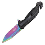 Wartech Spring Assist Folding Knife Half Serr. Rainbow 3CR13 Stainless-Steel Blade/Black Alum. Handle SKU PWT371RW