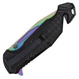 Wartech Spring Assist Folding Knife Half Serr. Rainbow 3CR13 Stainless-Steel Blade/Black Alum. Handle SKU PWT371RW