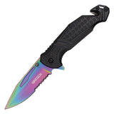 Wartech Spring Assist Folding Knife Half Serr. Rainbow 3CR13 Stainless-Steel Blade/Black Alum. Handle SKU PWT371RW