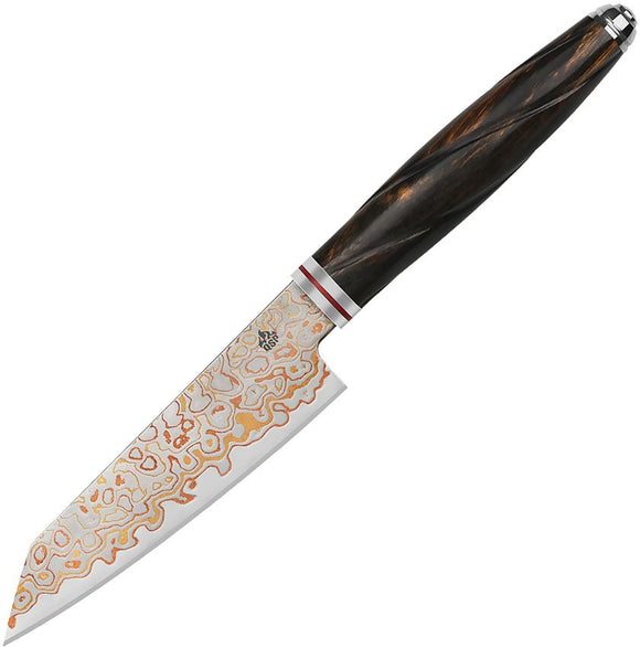 QSP Mulan Series Kritsuke Knife w/Leather Sheath Brass & Copper Damascus Steel Blade/Ironwood Handle SKU QSKK005C