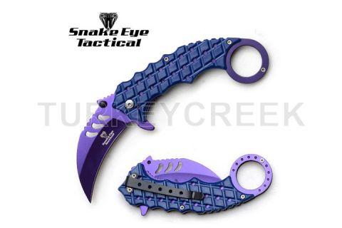 Snake Eye Tactical Karambit Spring Assist Knife Purple 3CR13 SS/Blue Handle SKU SE-1344BLPE