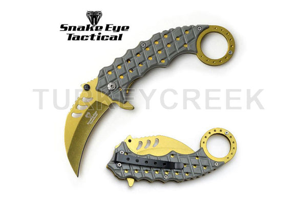 Snake Eye Tactical Karambit Spring Assist Knife Gold 3CR13 SS/Gray Handle SKU SE-1344GYGD