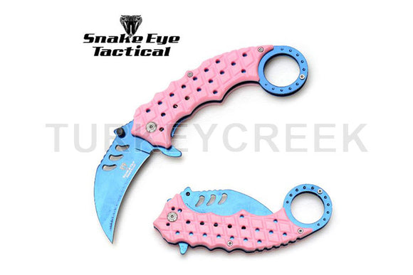Snake Eye Tactical Karambit Spring Assist Knife Blue 3CR13 SS/ Pink Handle SKU SE-1344PKBL