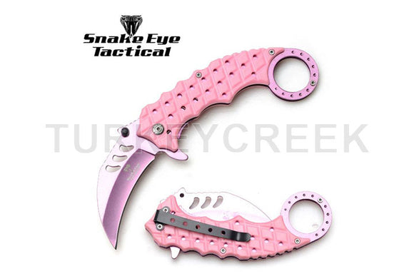 Snake Eye Tactical Karambit Spring Assist Knife Pink 3CR13 SS/Pink Handle SKU SE-1344PKPK