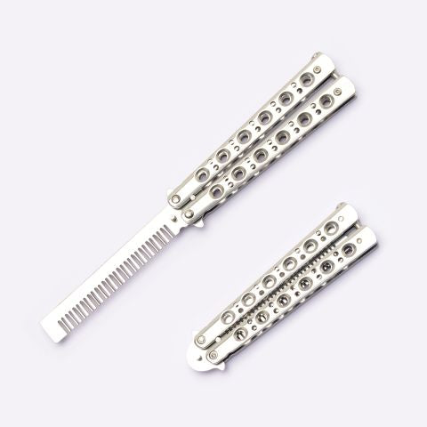 Snake Eye Tactical Butterfly Comb Training Knife Silver Stainless-Steel Blade & Handle SKU SE-1376SL