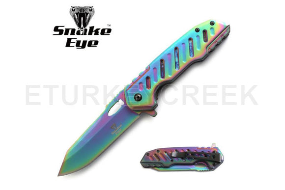 Snake Eye Tactical Spring Assist Knife Rainbow 440 SS/Rainbow Handle SKU SE-5057RB