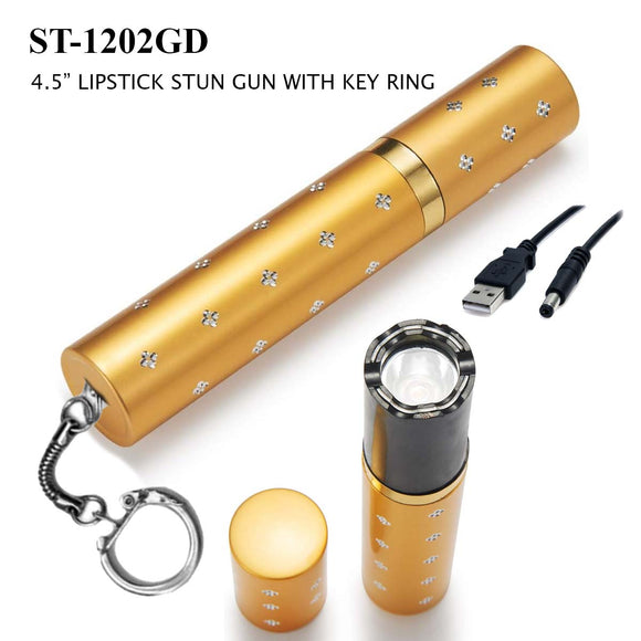 Elite Guard Gold Lipstick Style Stun Gun with LED Light USB Charger Included SKU ST-1202GD