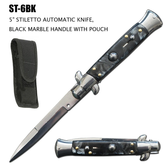Milano Stiletto Switchblade Knife 440 Stainless-Steel Blade/Black Faux Marble Handle SKU ST-6BK