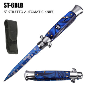 Milano Stiletto Switchblade Knife Blue Faux Marble/3D Graphic Bullet Hole SKU ST-6BLB