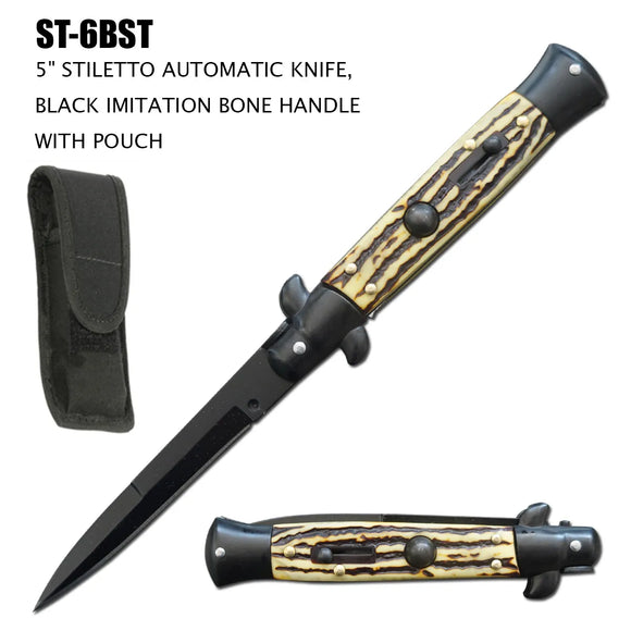 Milano Stiletto Switchblade Knife Faux Bone/Black SKU ST-6BST