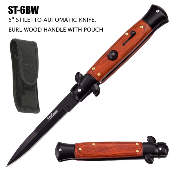 Milano Stiletto Switchblade Knife Black 440 SS Blade/Wood Handle