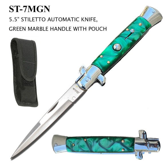 Milano Stiletto Switchblade Knife Stainless-Steel Blade/Green Faux Marble Handle SKU ST-7MGN