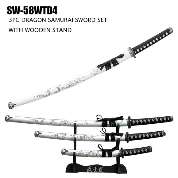 3 Piece Samurai Sword Set w/Stand High Carbon Steel Blades/White Scabbards with Carved Dragon Design SKU SW-58WTD4