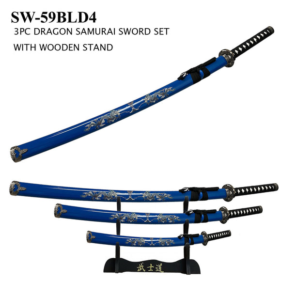 3 Piece Samurai Sword Set w/Stand High Carbon Steel Blades/Blue Scabbards with Dragon Design SKU SW-59BLD4
