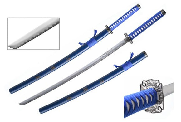 Dragon Samurai Katana Sword Carbon Steel Blade/Black & Blue Cord Wrapped Handle 40