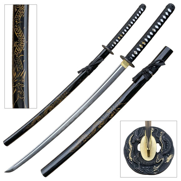 BladesUSA Hand Forged Samurai Sword Black Scabbard with Carved Yellow Dragon Carbon Steel Blade/Black Cord Wrapped Faux Ray Skin Handle 41