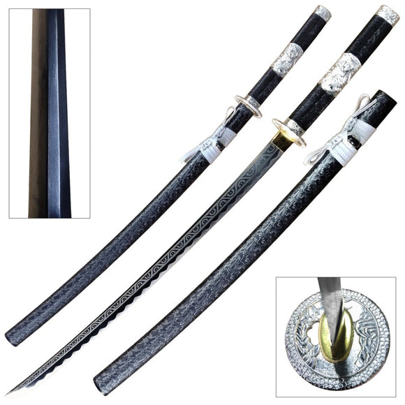BladesUSA Samurai Sword w/Black Ornate Scabbard 1045 Carbon Steel Blade/Black Ornate Handle with Silver Alloy Dragon Emblem 40