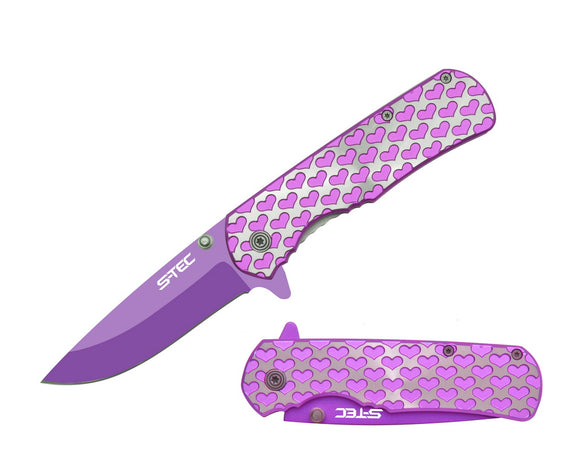 S-TEC 8″ Spring Assisted Folding Knife Silver Handle +Purple Heart SKU T271406PL