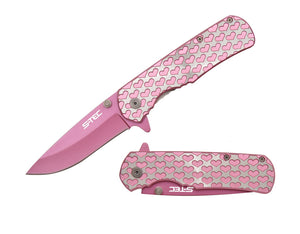 S-TEC 8″ Spring Assisted Folding Knife Silver Handle + Pink Heart SKU T271406PN
