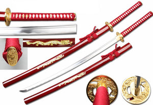 Ryujin 40.5" Hand Forged Samurai Sword 1045 Steel/Red Scabbard with Gold Dragon Design SKU T64064RD