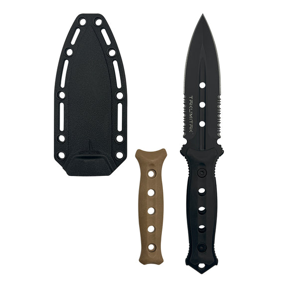 Takumitak Unrestricted Fixed Blade Knife w/Sheath & 2 Handles Black Half Serr. 3cr13 Steel Blade/Black & Tan Nylon Handles SKU TKF316