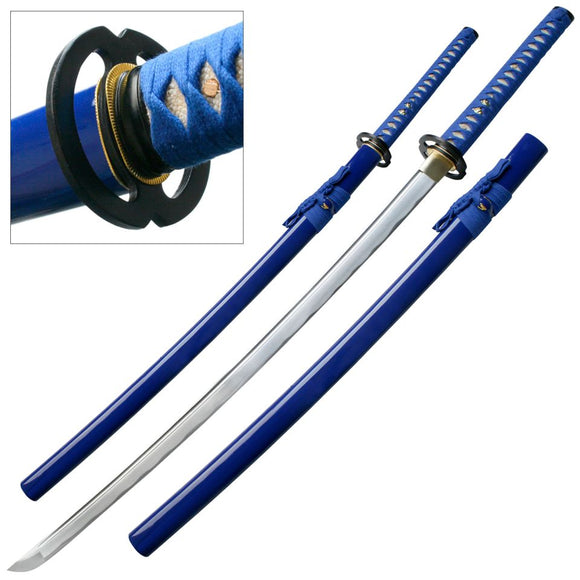 Ten Ryu Hand Forged Samurai Sword w/Blue Scabbard Carbon Steel Blade/Blue Cord Wrapped Handle with Iron Musashi Tsuba 40