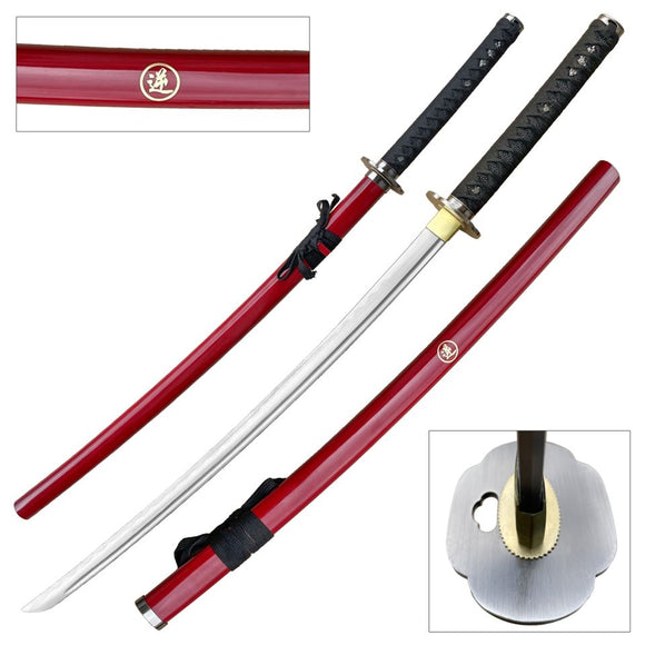 Ten Ryu Hand Forged Samurai Sword Red Scabbard Carbon Steel Blade/Black cord Wrapped Handle 41