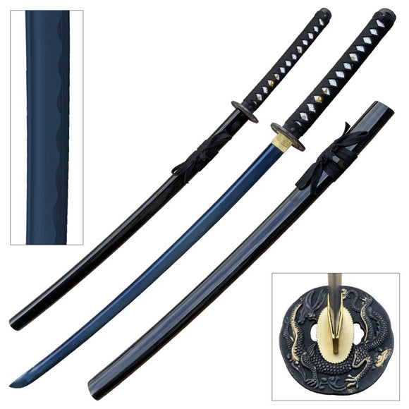 Ten Ryu Hand Forged Samurai Sword Blue Painted Carbon Steel Blade/Black Cord Wrapped Faux Ray Skin Handle 41