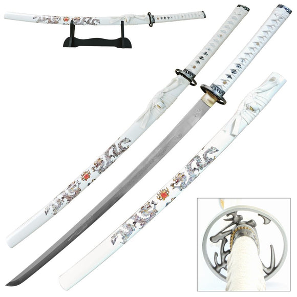 Ten Ryu Handmade Samurai Sword with Dragon Design Scabbard comes with Stand Sharp Carbon Steel Blade/White Cord Wrapped Ray Skin Handle 40.5