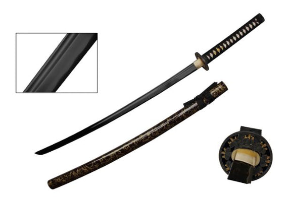 Ten Ryu Handmade Real Samurai Katana Sword w/Stand Black High Carbon Steel Blade/Black Cord Wrapped Ray Skin Hardwood Handle 41