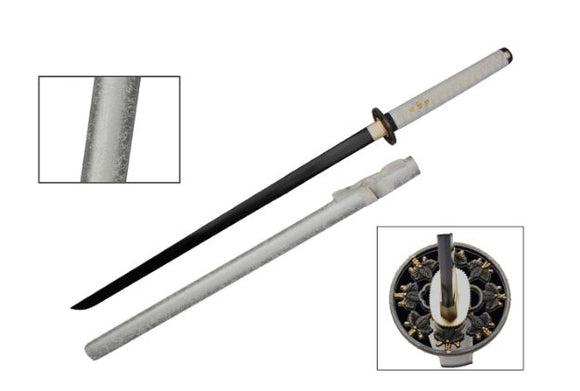 Ten Ryu Handmade Real Samurai Katana Sword w/Stand Black High Carbon Steel Blade/White Cord Wrapped Ray Skin Hardwood Handle 40.5