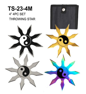 4" 4 Piece Mixed Color Ying Yang 7 Point Throwing Star Set w/Pouch SKU TS-23-4M