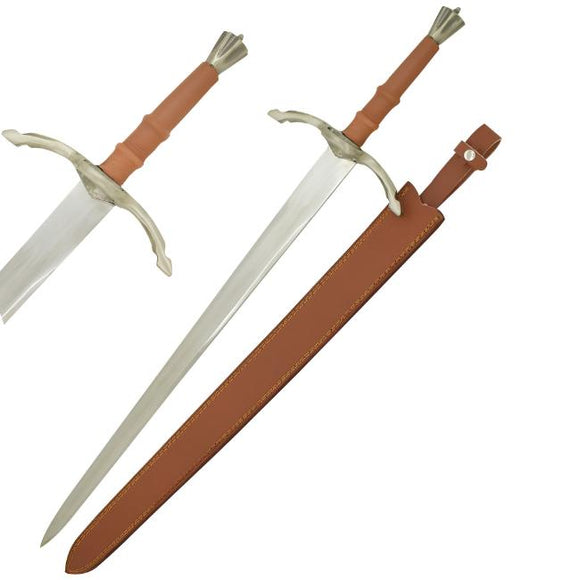 Medieval Warrior Viking Buster Sword w/Leather Sheath 440 Stainless-Steel Blade/Leather Wrapped Wood Handle with Silver Cross Guard & Pommel 41