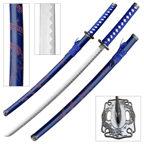 BladesUSA Samurai Sword Blue Scabbard with Red Carved Dragon Design Stainless-Steel Blade/Blue Cord Wrapped Handle 40