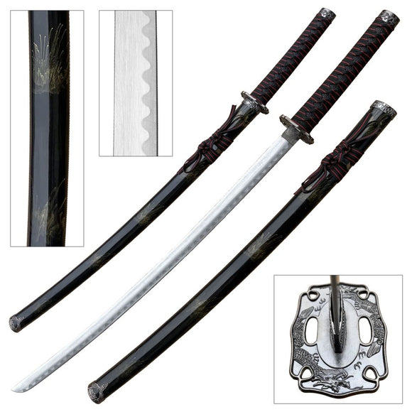 BladesUSA Samurai Sword Black Scabbard with Gold Splash Design Stainless-Steel Blade/Black & Red Cord Wrapped Handle 40