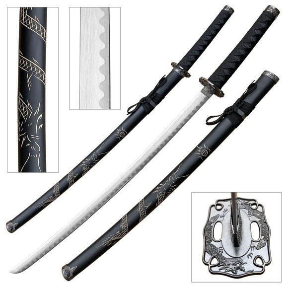BladesUSA Samurai Sword Black Scabbard with Dragon Carved Design Carbon Steel Blade/Black Cord Wrapped Handle 39.5