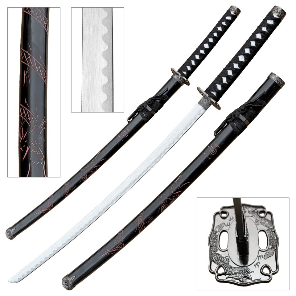 BladesUSA Samurai Sword Black Scabbard with Red Carved Dragon Design S ...