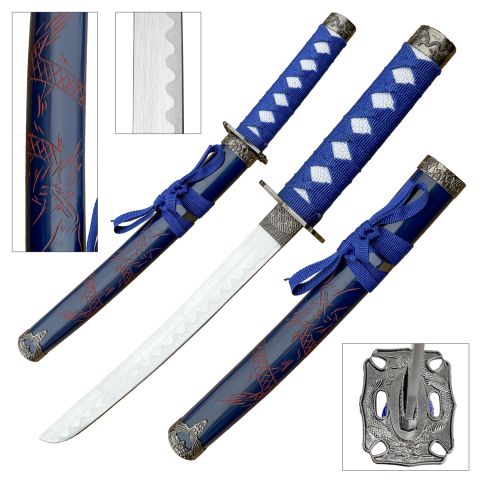 BladesUSA Samurai Sword with Carved Dragon Blue Scabbard Tanto Carbon Steel Blade/Blue Cord Wrap Handle 21